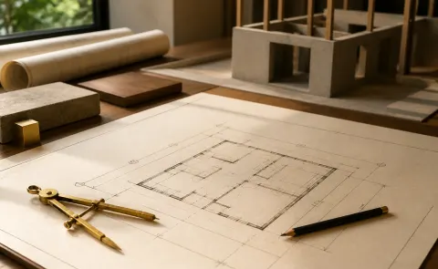 An architectural floor plan on an ivory drafting sheet with brass dividers, graphite pencil and a building model in warm studio light.