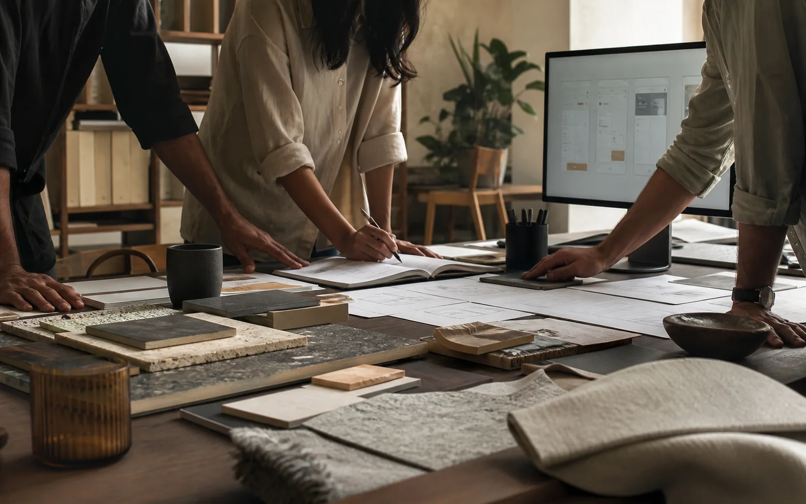 Architectural collaborators examining a measured building plan